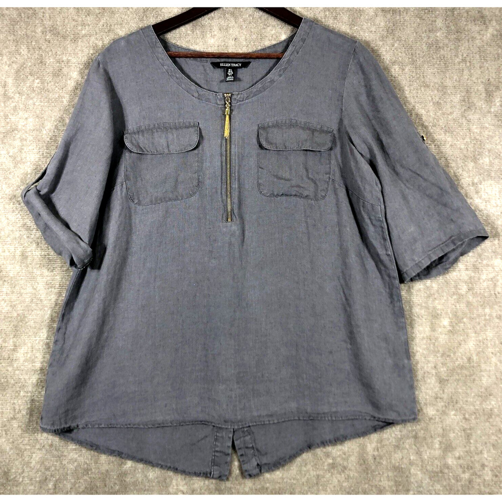 Ellen Tracy Top Womens Large Gray 100% Linen 1/4 Zip‎ Roll Tab Sleeve Lagenlook